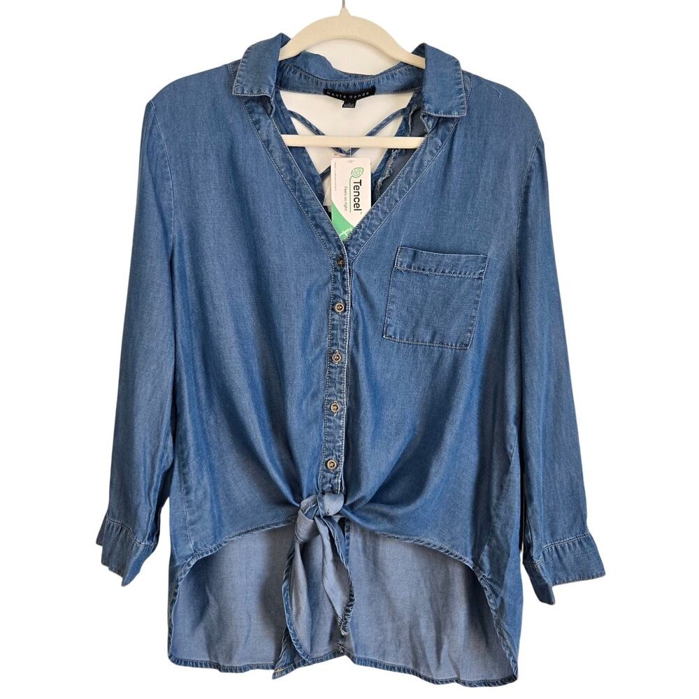 NWT Modern Minimalist Eco Soft Tencel Chambray Demin Button Up Tie Front Shirt L